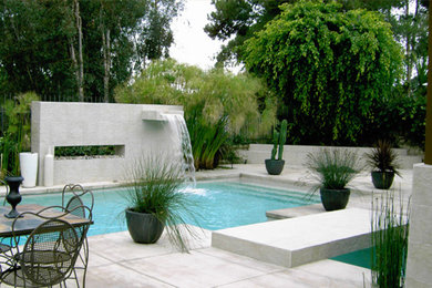 Pool fountain - mid-sized modern backyard stone and rectangular pool fountain idea in Orange County