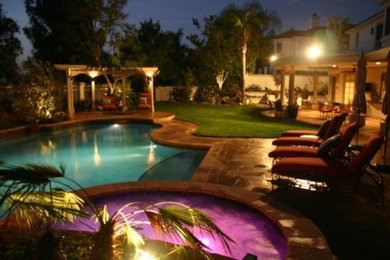 Imagen de piscinas y jacuzzis elevados contemporáneos grandes a medida en patio trasero con adoquines de piedra natural