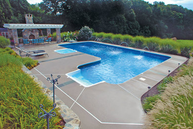 Ejemplo de piscina con fuente actual grande en patio trasero