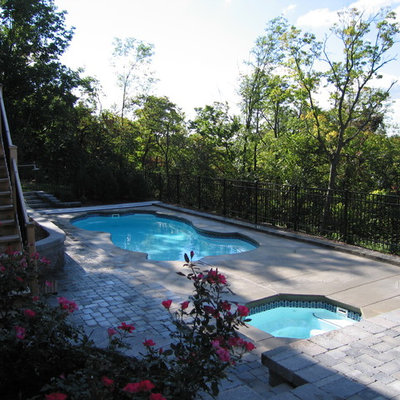 Inspiration for a mid-sized mediterranean backyard concrete paver and custom-shaped pool remodel in Other