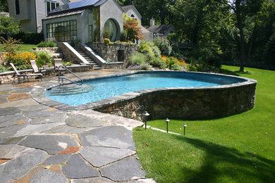 Example of a large backyard custom-shaped aboveground pool design in New York