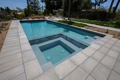 Пример оригинального дизайна: большой прямоугольный бассейн на заднем дворе в современном стиле с джакузи и покрытием из декоративного бетона