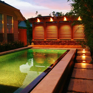 Immagine di una piccola piscina a sfioro infinito minimalista rettangolare dietro casa con pedane e fontane