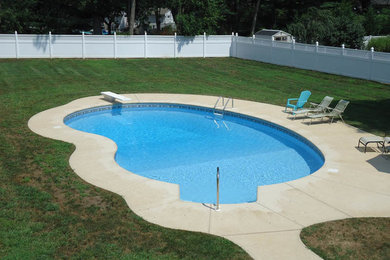 Diseño de piscina de tamaño medio redondeada en patio trasero