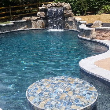 Freeform Pool with Grotto, fire pit, tanning ledge & floating table