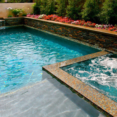 Mid-sized island style backyard stone and rectangular lap pool fountain photo in Los Angeles