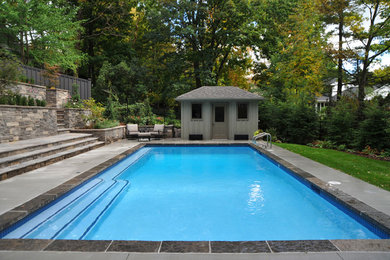 Example of a huge minimalist backyard rectangular pool house design in Toronto