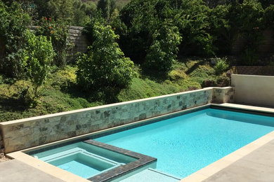 Example of a mid-sized tuscan backyard concrete and rectangular lap hot tub design in Los Angeles