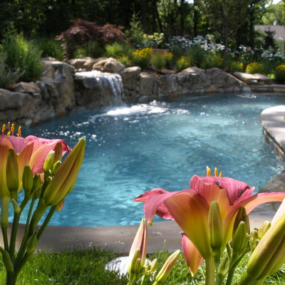Mid-sized elegant backyard stone and kidney-shaped pool fountain photo in New York
