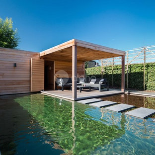 Ispirazione per una grande piscina naturale design a "L" nel cortile laterale con una dépendance a bordo piscina e pedane