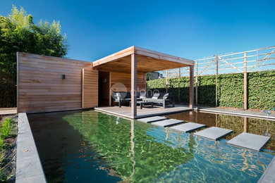 Modelo de casa de la piscina y piscina natural contemporánea grande en forma de L en patio lateral con entablado