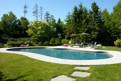 Diseño de piscina alargada moderna grande tipo riñón en patio trasero con suelo de hormigón estampado