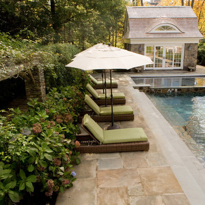 Example of a classic stone and rectangular pool design in New York