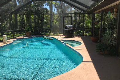 Ejemplo de piscina elevada minimalista de tamaño medio a medida en patio trasero con losas de hormigón