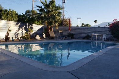Modelo de casa de la piscina y piscina natural contemporánea de tamaño medio a medida en patio trasero con entablado