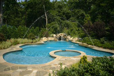 Elegant backyard custom-shaped natural pool photo in New York