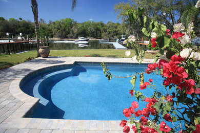 Immagine di una piscina naturale contemporanea rettangolare di medie dimensioni e dietro casa con pavimentazioni in cemento