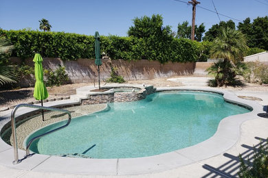 Diseño de piscina natural tropical de tamaño medio a medida en patio trasero con entablado
