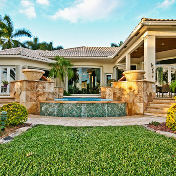 Roman/Geometric Pool with Infinity Edge, Fountain Bowls + LED Lights in Sunrise