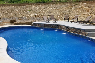 Imagen de piscina con fuente alargada tradicional de tamaño medio rectangular en patio trasero con adoquines de hormigón