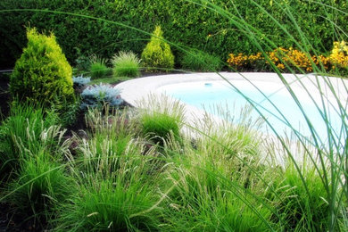 Example of a trendy backyard round pool design in Montreal