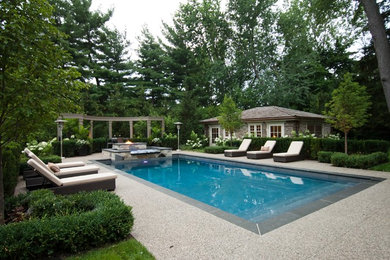 Example of a classic backyard stone and rectangular natural pool fountain design in Toronto