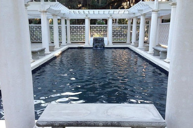 Modelo de piscina natural clásica renovada grande a medida en patio trasero con adoquines de piedra natural