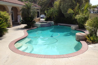 Diseño de piscinas y jacuzzis tradicionales de tamaño medio a medida en patio trasero con suelo de hormigón estampado