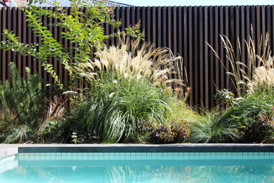 Ejemplo de piscina de tamaño medio en patio trasero con adoquines de piedra natural