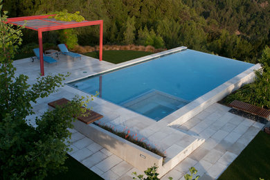 Example of a large trendy backyard stone and rectangular infinity pool design in San Francisco