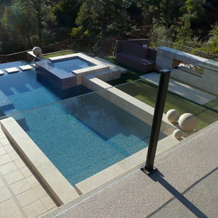Foto di una piscina a sfioro infinito moderna personalizzata dietro casa e di medie dimensioni con fontane e pedane