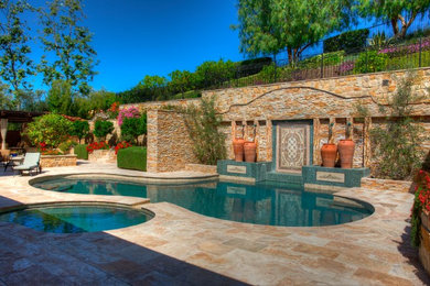 Mid-sized elegant stone and custom-shaped pool photo in Orange County