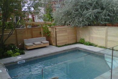 Ejemplo de piscina natural rectangular en patio trasero con adoquines de hormigón