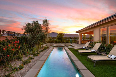 Inspiration for a mid-sized contemporary backyard custom-shaped and concrete paver lap hot tub remodel in Phoenix