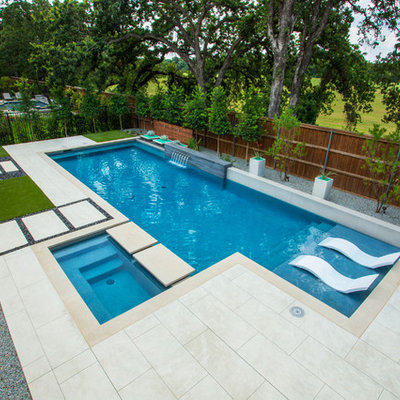 Mid-sized minimalist backyard rectangular pool fountain photo in Dallas with decking
