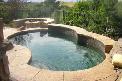 This is an example of a small back custom shaped natural hot tub in Denver with natural stone paving.