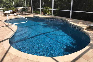 Modelo de piscina alargada exótica de tamaño medio tipo riñón en patio trasero con adoquines de ladrillo