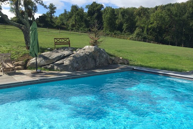 Ejemplo de piscina tradicional renovada de tamaño medio rectangular en patio trasero con adoquines de hormigón