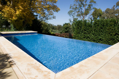 Foto de piscina infinita contemporánea de tamaño medio rectangular en patio trasero