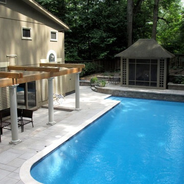 Stone Terraced Pool Deck, Patios, Fountains, Walls, Steps, Pergola, Before&After
