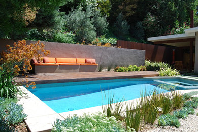 Hot tub - modern backyard custom-shaped hot tub idea in Los Angeles with decking