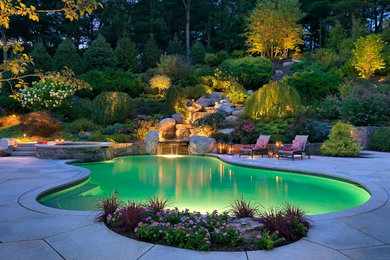 Immagine di una grande piscina classica personalizzata dietro casa con fontane e pavimentazioni in cemento