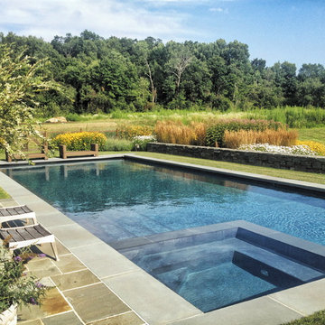 sun-drenched rectangle pool with spa + full-color bluestone decking
