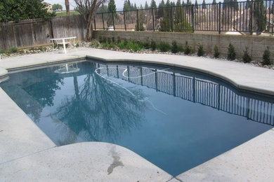 Diseño de piscina alargada grande a medida en patio trasero con adoquines de hormigón