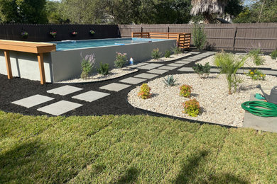 Diseño de piscina alargada contemporánea de tamaño medio rectangular en patio trasero con paisajismo de piscina, privacidad y adoquines de hormigón