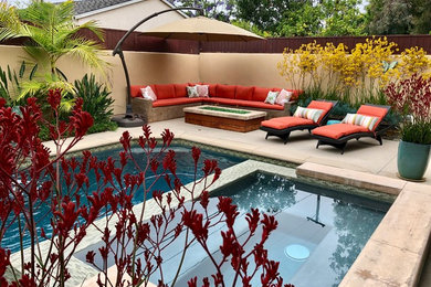 This is an example of a medium sized contemporary back custom shaped natural swimming pool in Los Angeles with a water feature and concrete slabs.