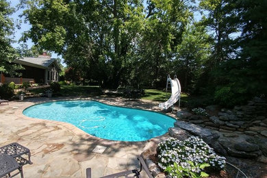 Example of a mid-sized classic backyard stone and kidney-shaped lap water slide design in Nashville