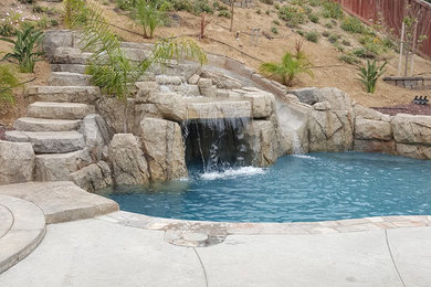 サンディエゴにある高級な中くらいなトロピカルスタイルのおしゃれな裏庭プール (天然石敷き) の写真