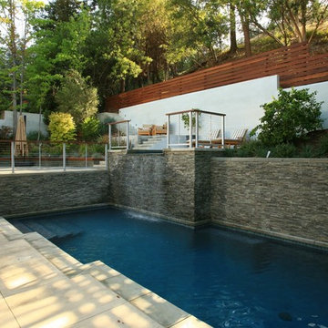 Terraced patio garden with pool