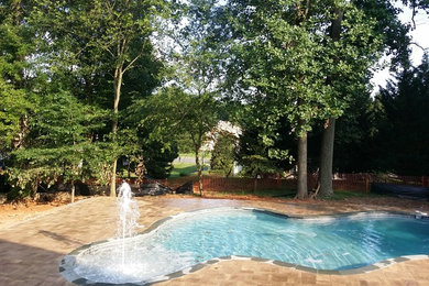 Mid-sized elegant backyard stone and custom-shaped lap pool fountain photo in DC Metro